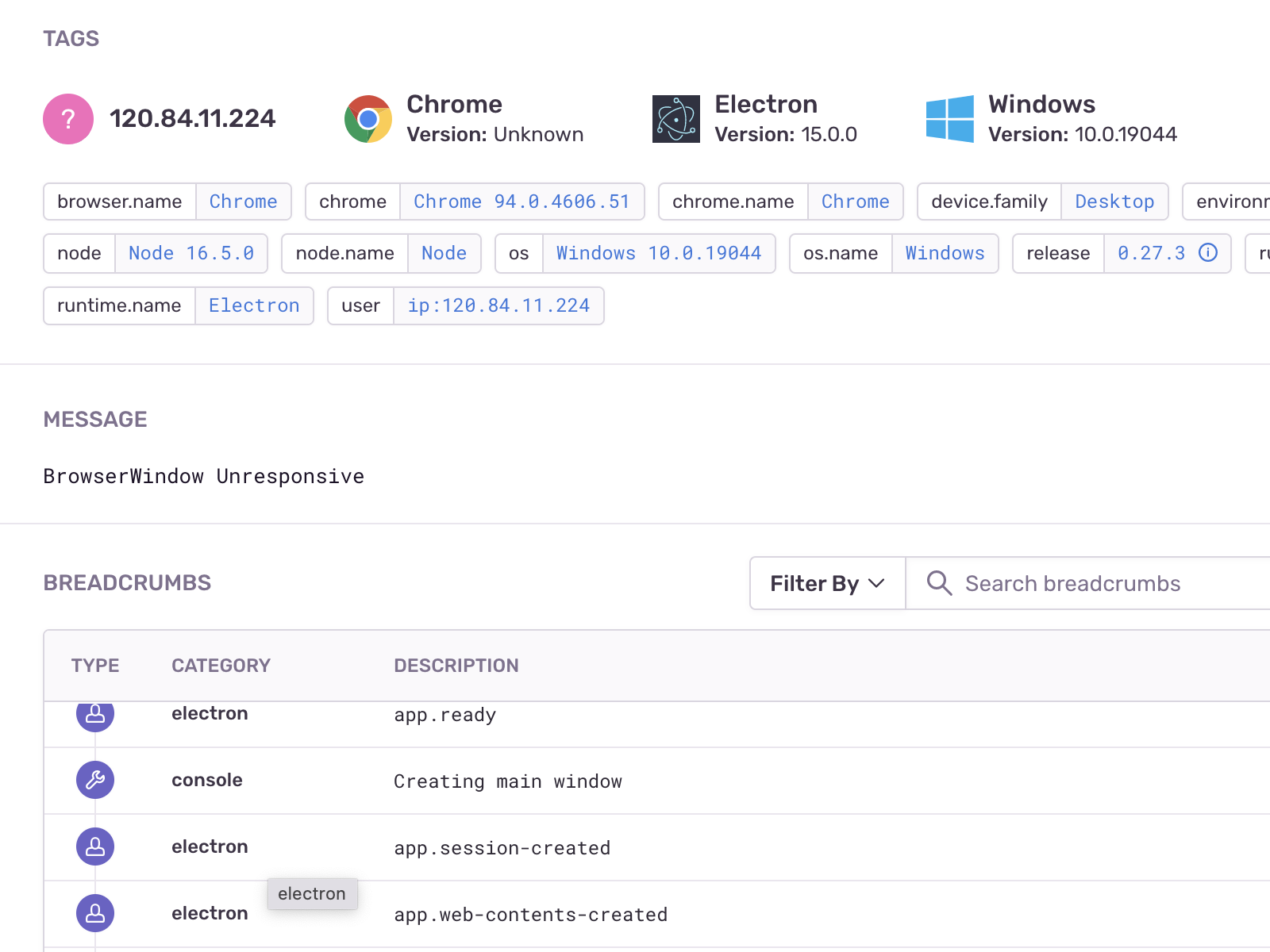 Screenshot of Sentry crash reporting (https://sentry.io). Shows the error message ('BrowserWindow Unresponsive'), user breadcrumbs, and user information.